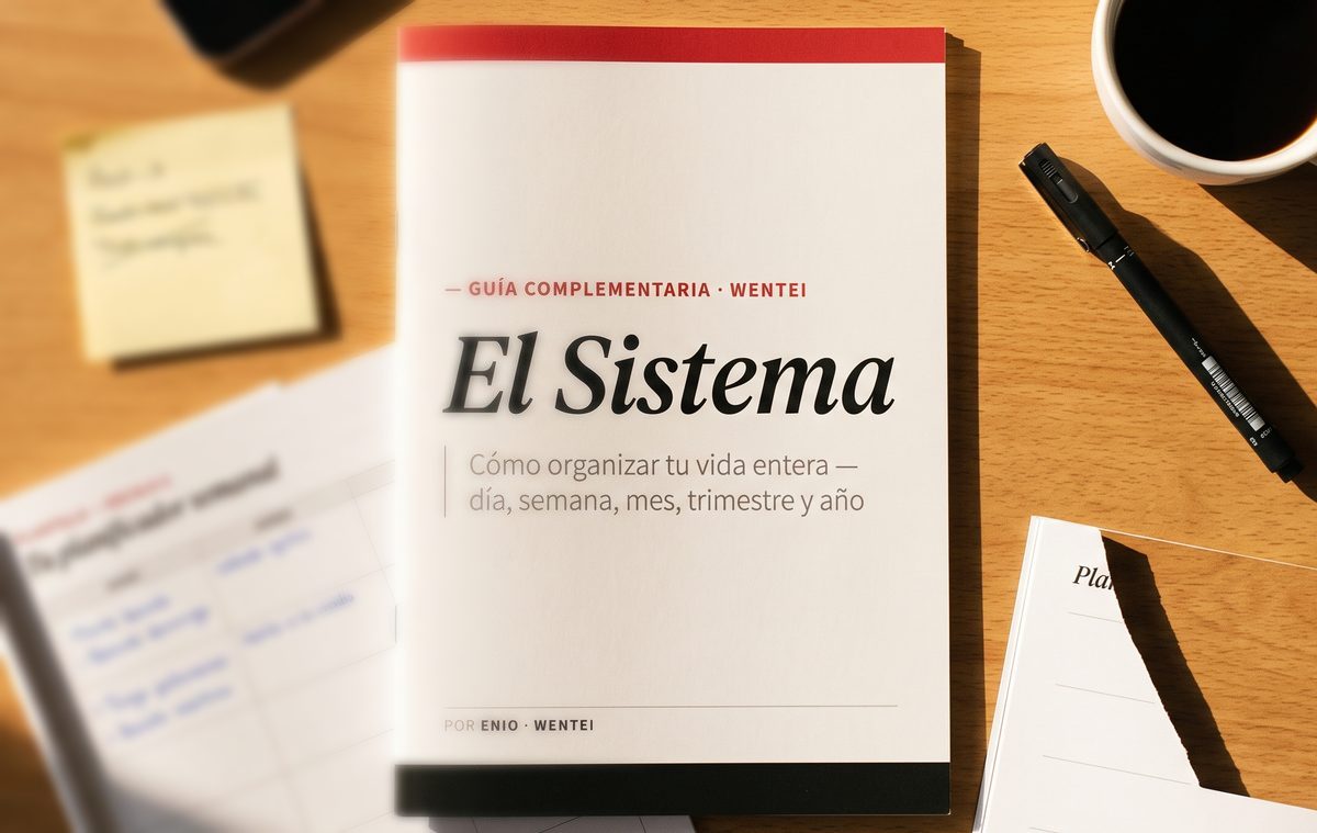 La guía El Sistema impresa, sobre un escritorio junto al planificador semanal